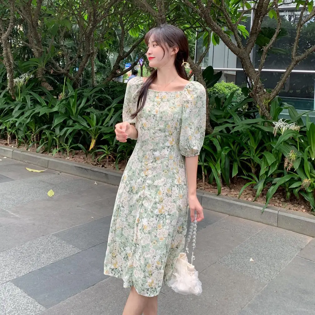 

Summer Women floral Chiffon Dress Retro Casual Puff Sleeve Off Collar Midi Dress