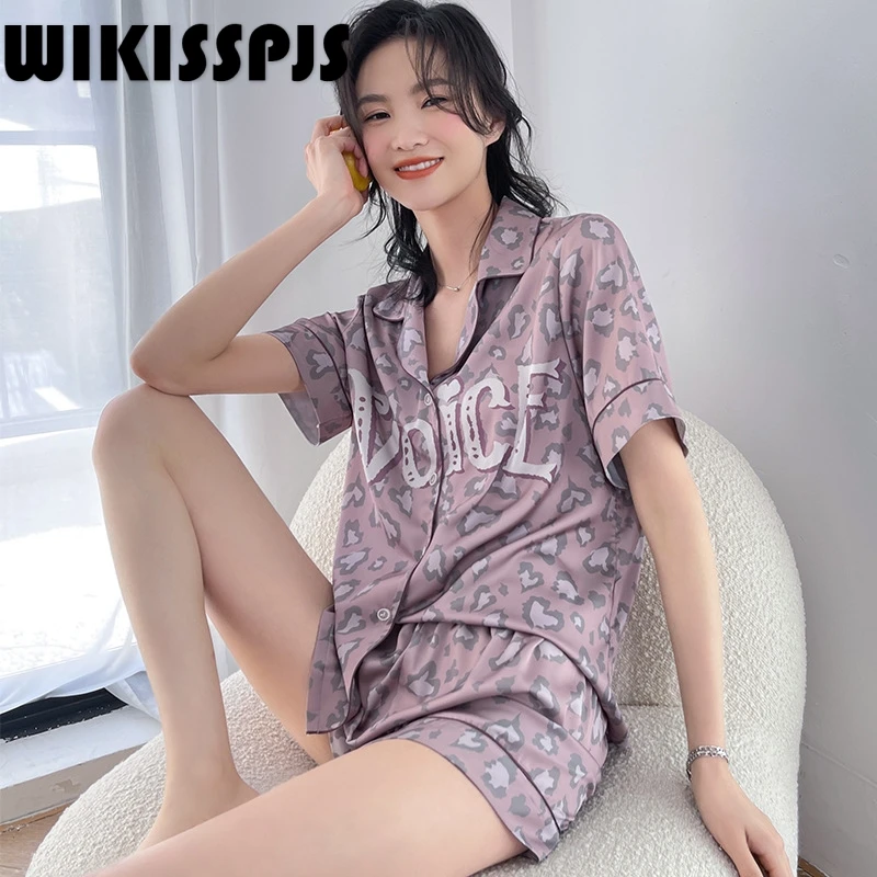 

Новая сатиновая шифоновая Пижама Двойка из короткий рукав шорты Комплект из двух предметов; Сезон лето; Одежда для отдыха; Одежда Kawaii Пижама женская пижама