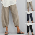 Женские льняные брюки с карманами, с эластичной талией, летние, винтажные, с асимметричным подолом, широкие, повседневные, свободные, большого размера