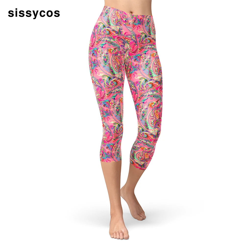 

Paisley Pink Flower Printed Capri Leggings for Women Girls Stretch Shinny Brushed Buttery Soft Breathable Large Size Daily Pants