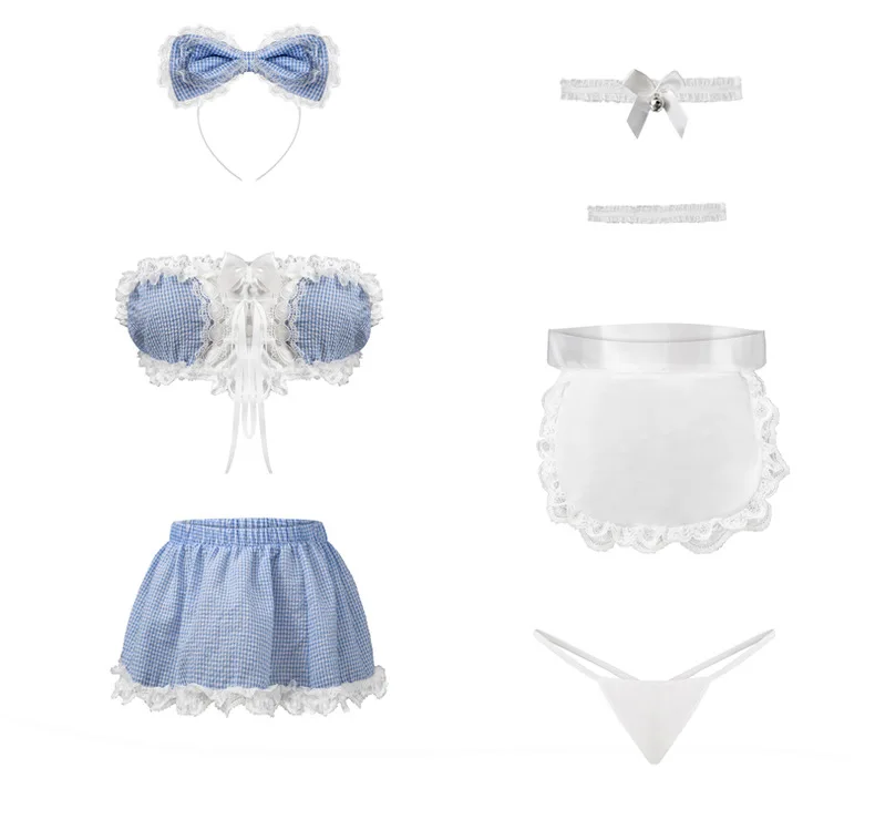 

Sexy Underwear Sexy Lovely Maid Skirt Blue Plaid Nightdress Girl Bra Top Vest Lace Kawaii Uniform Temptation Set