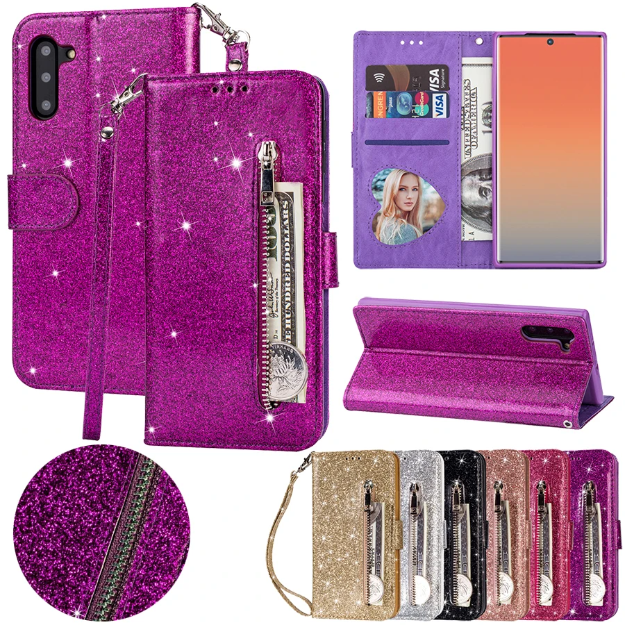 

Bling Glitter Case For Samsung Galaxy S21 S20 Ultra S10 S9 S8 Plus S7 S6 Edge Note 8 9 10 20 Leather Flip Zipper Wallet Case