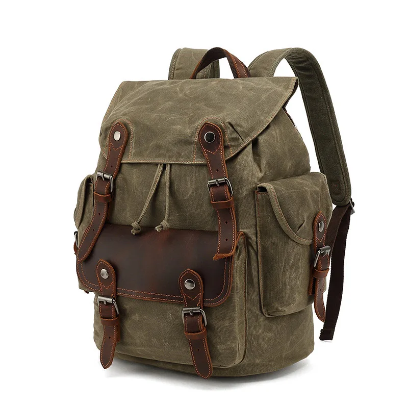 Vintage Canvas Backpacks For Men Oil Wax Leather Laptop Backpack Travel Waterproof School Daypacks Retro Bagpack Large Capacity