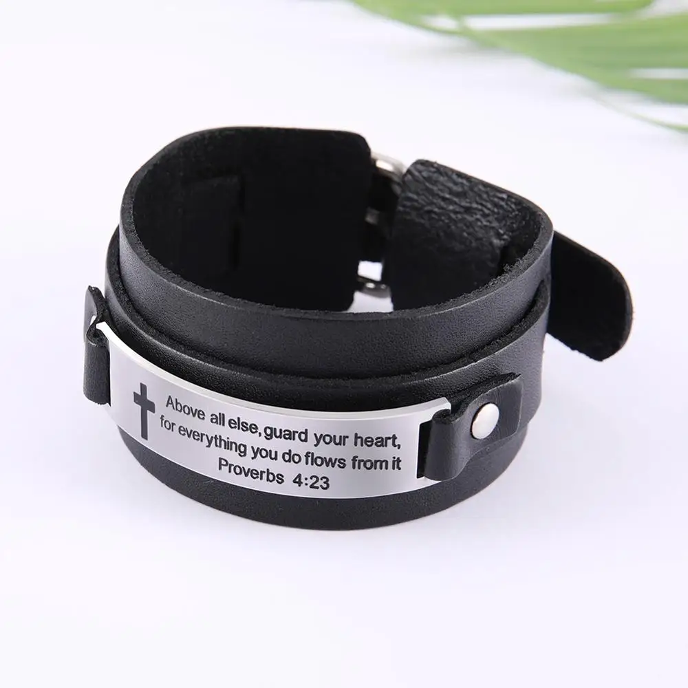 My Shape Genuine Leather Bracelet Faith Hope Love Inspiration Cross Stainless Steel Religious Jewelry Men Punk Bangle Gift | Украшения и