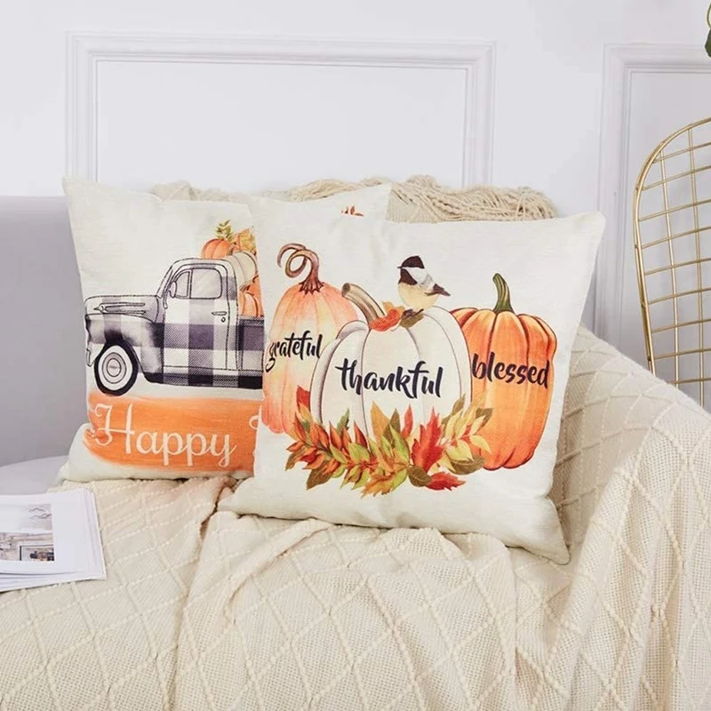 

Happy Fall Decorative Throw Pillow Cover Farmhouse Thanksgiving Autumn Pumpkin Buffalo Truck Cushion Case for Sofa Couch
