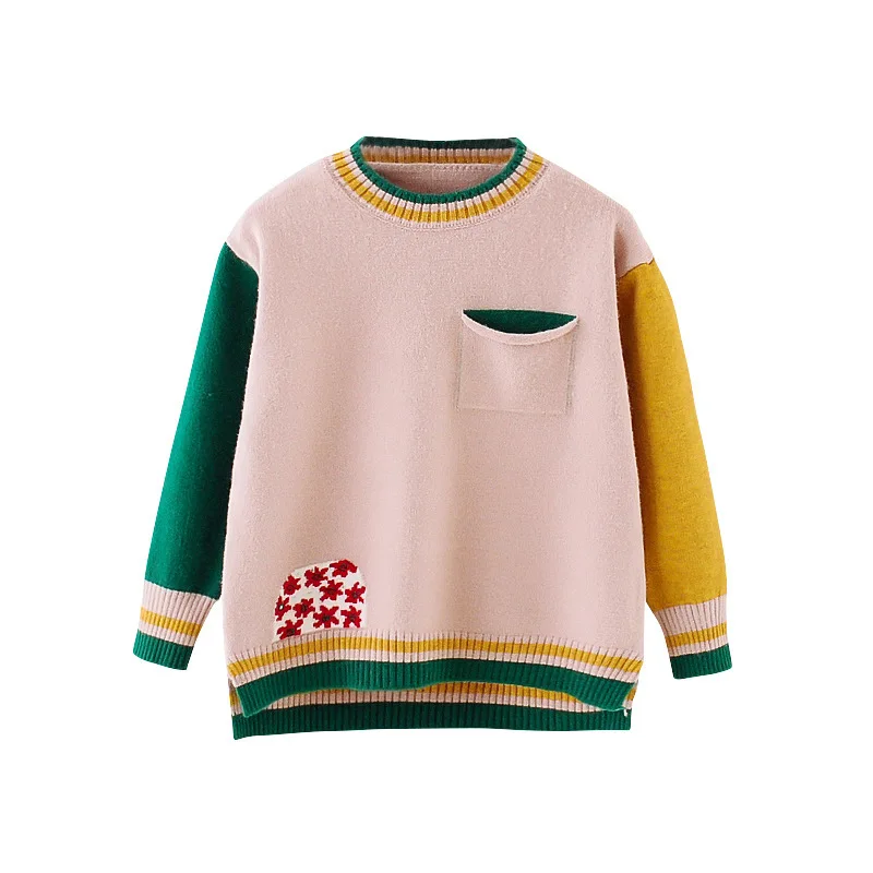 

New girls winter knitted sweater girl cartoon hit color crochet sweaterNew girl open-forked girl baby pullover warm sweater top