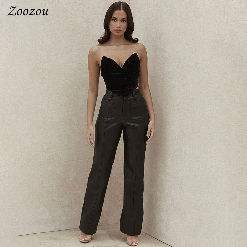 

Vintage Faux Leather Straight Pants For Women Autumn Winter Office Lady Slim Design Trousers Female High Waist Pu Pocket Pants