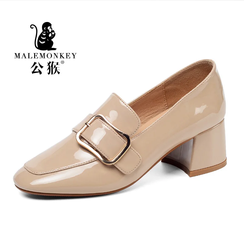 Женские офисные туфли из ПУ кожи бежевые или черные повседневные на толстом