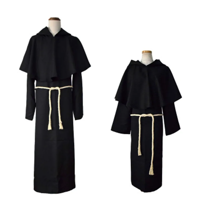 2022 Adults Kids Men Boys Medieval Cosplay Monk Costumes Black Monk Robe Wizard Costume Priest Halloween Medieval Costume