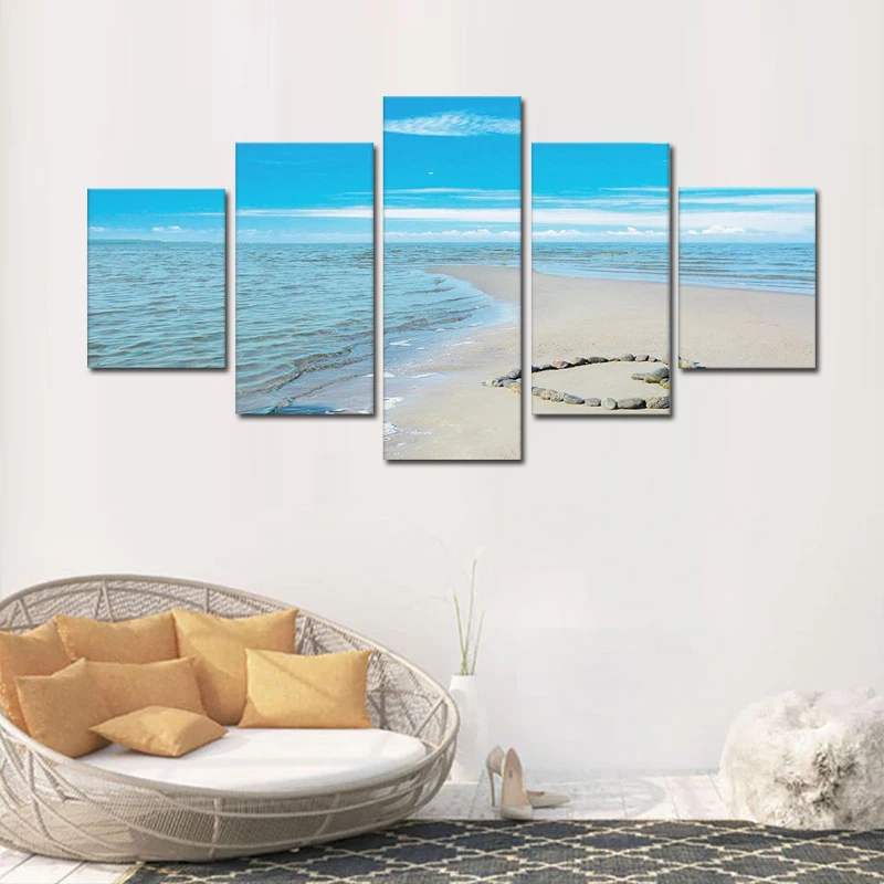 Печатный холст 5 панель морской стены Искусство Живопись Сердце плакат с камнем