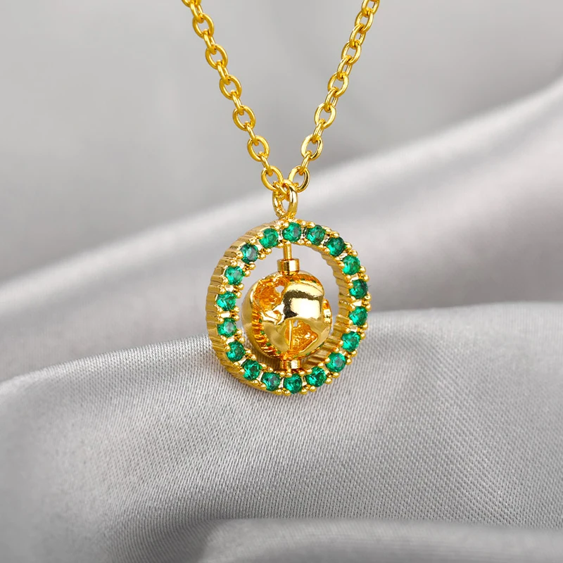 Green Zircon Rotatable Globe Bead Pendant Necklace for Women Men Stainless Steel Gold Chain Goth Aesthetic Choker Jewelry Gifts | Украшения