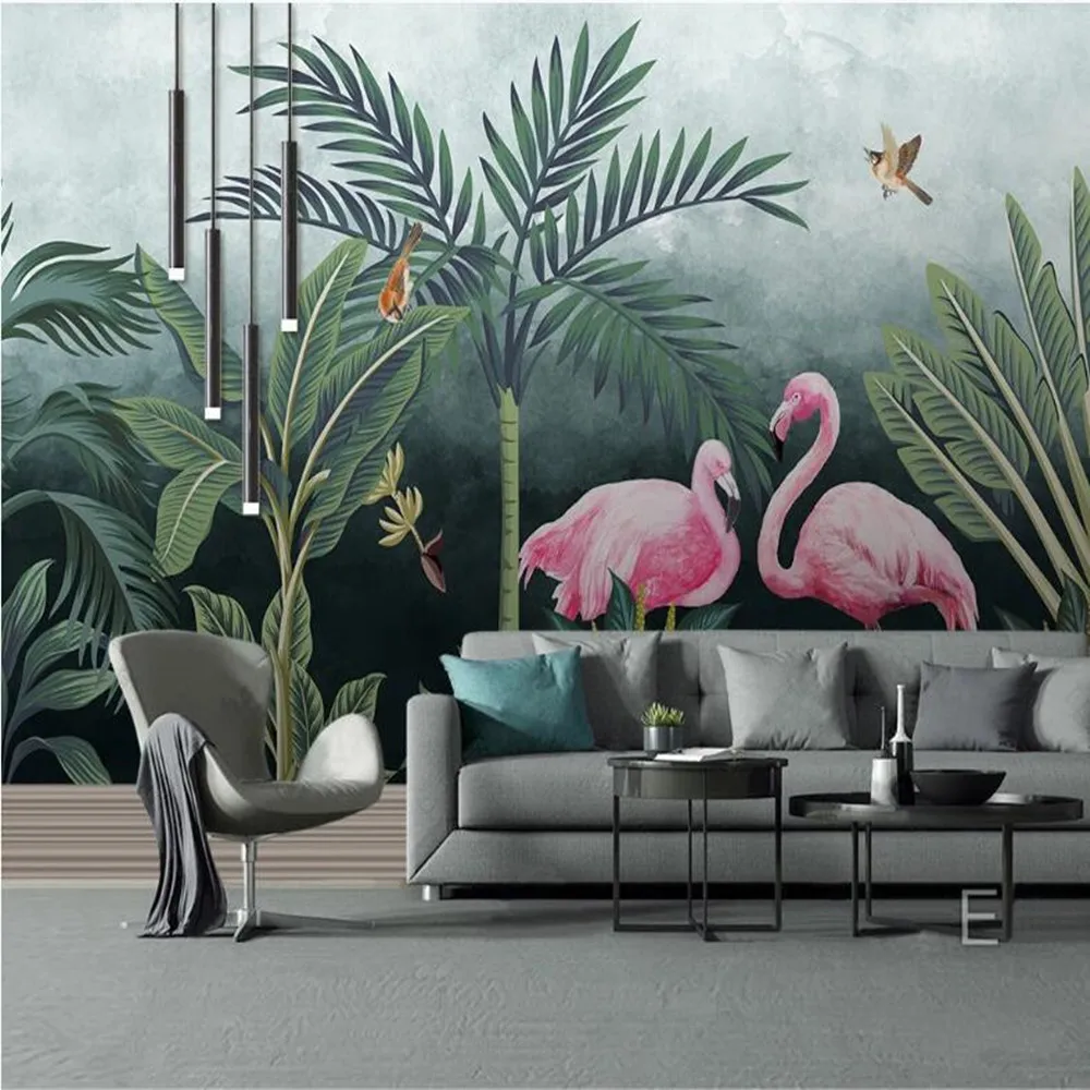 

Milofi Custom large wallpaper mural hand-painted tropical rain forest flamingo living room bedroom TV background wall