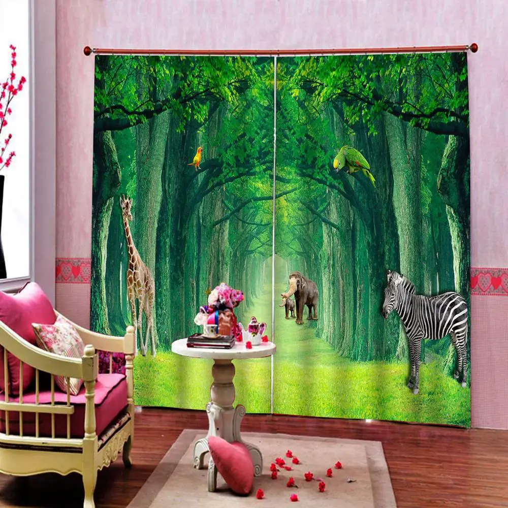 3d Animal Elephant Zebra Deer In The Dreamy Forest Road Curtain For Living room Bedroom Interior Decoration Shading Drapes Sets | Дом и сад
