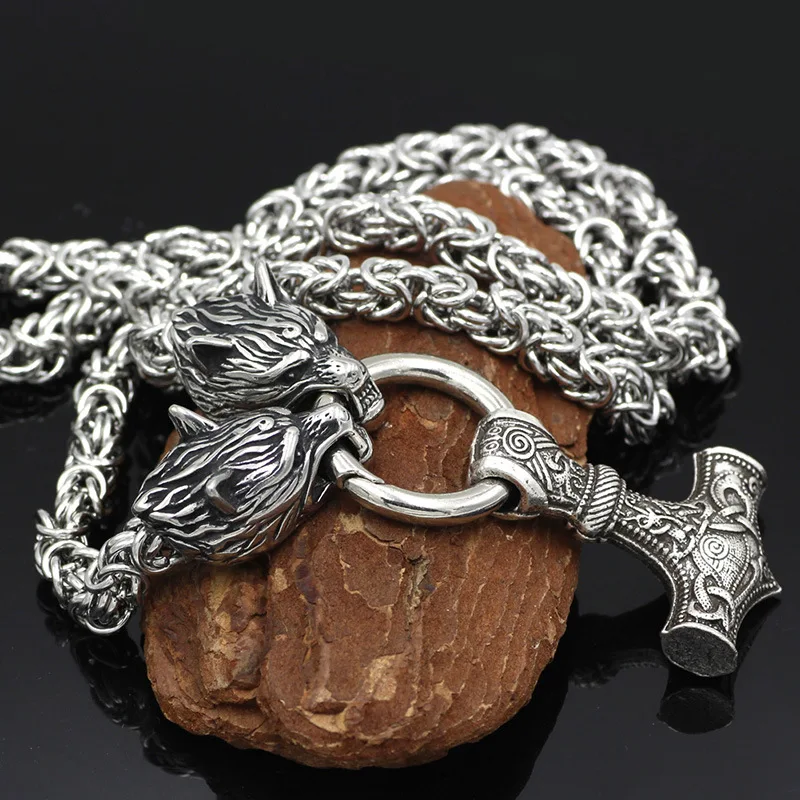 Волчья Голова ожерелье из нержавеющей стали Молот викинга кулон тренд Мужская