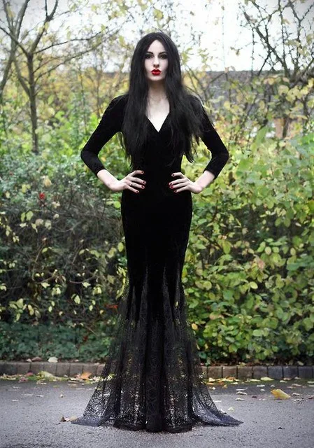 Black Для взрослых женщин Готический Хэллоуин Morticia Addams призрак ведьмы костюм ужас черный пол кружевное платье халат одежда для женщин - Цвет: Black