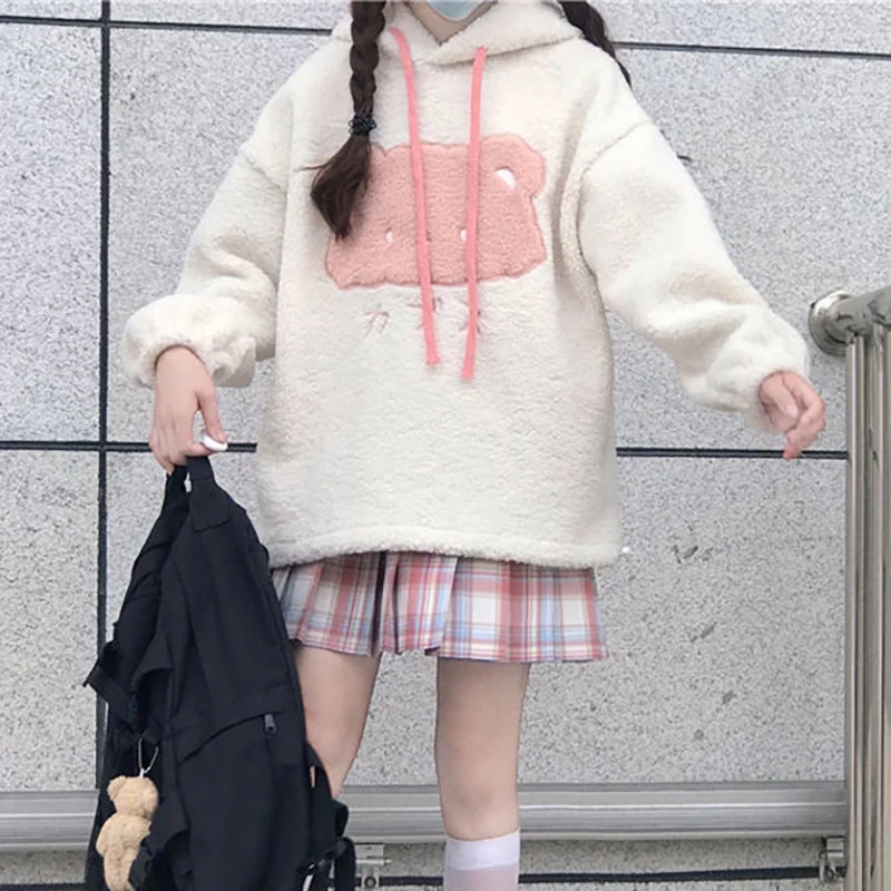 

2021 Winter Kawaii Clothes Bear Patchwork Hooded Sweatshirts Autumn Plush Long Sleeve Top MINGLIUSILI Cartoon Hoodies Women