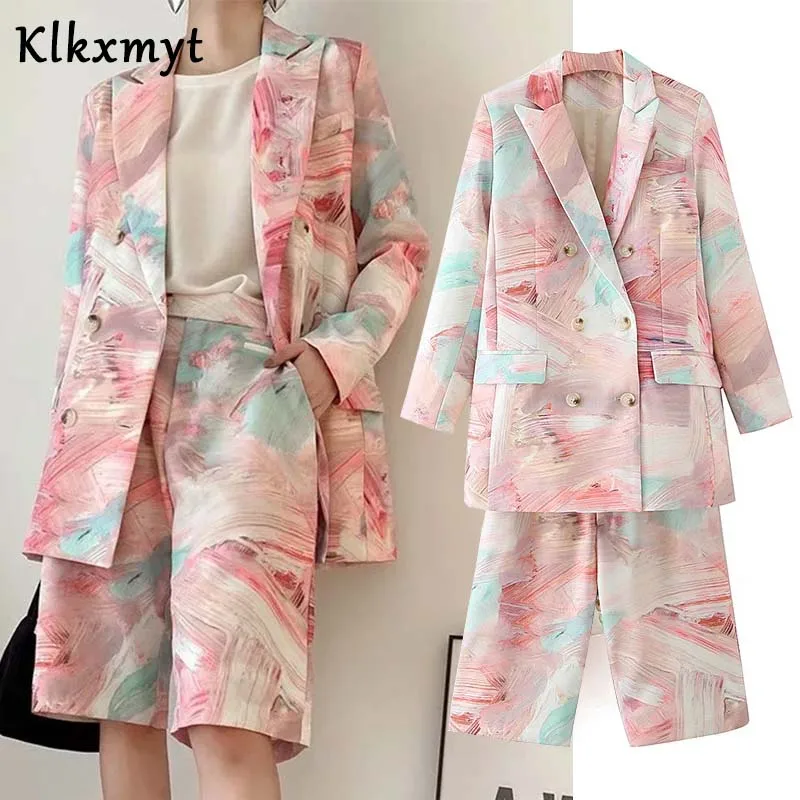 Костюм Klkxmyt женский короткий Модный двубортный пиджак и брюки средней длины с