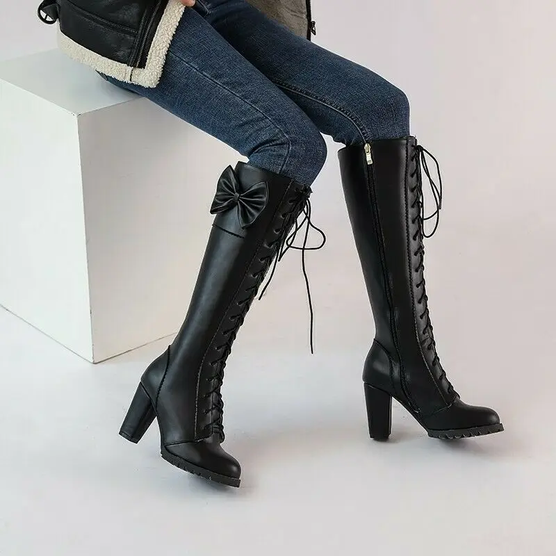 

Bowknot Ladies Zip Up Block Heel Knee High Boots Cosplay Outdoor Club 5 Colors
