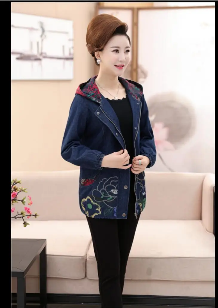

New Xl-4xl 2021 Plus Size Clothing Spring Women's With Hooded Denim Mother Middle-aged Cowboy Jacket