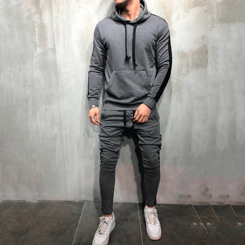 

2 Pieces Sets Tracksuit Men New Brand Autumn Winter Hooded Sweatshirt +Drawstring Pants Male Stripe Patchwork Hoodies Bigsweety