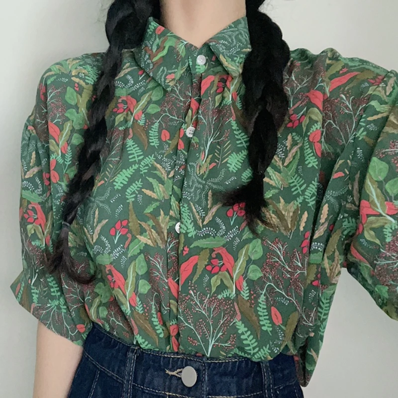 

Women Shirts Hong Kong Style Vintage Fashion Elegant Streetwear Summer Short Sleeve Turn-down Collar Harajuku College Female New