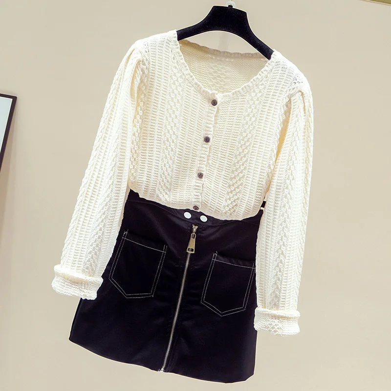 Женский трикотажный кардиган с круглым вырезом свободный белый длинным рукавом