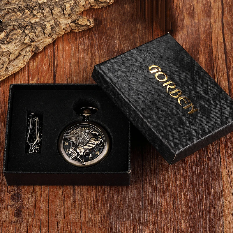Horse Patterned Mechanical Pocket Watch Antique Roman Numerals Dial Fob Chain Hanging Collection Clock with Gift Box for Men