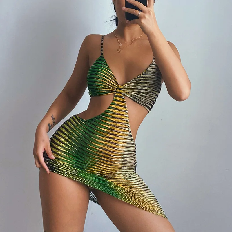 

Sleeveless TIe dye Design Vest Dress For Women Summer Hot Fashion Sexy Club Clothing Party Bodycon Mini Dresses Green beach wear