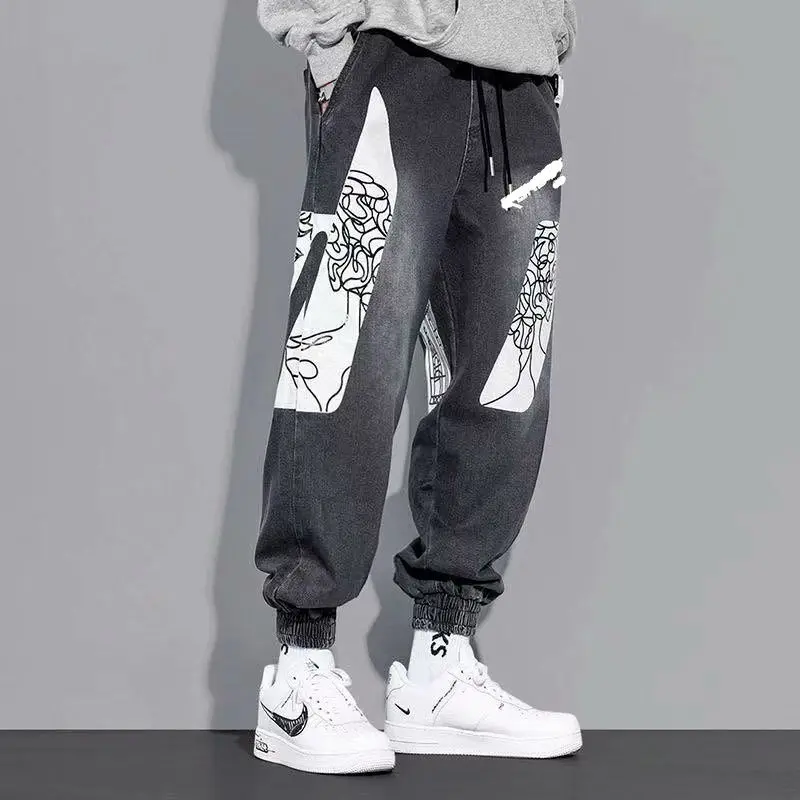 Spring Autumn Loose Jeans Men's Straight Hip Hop Korean Fashion Ankle-Length Pants Graffiti Large Size Harem Denim | Мужская одежда