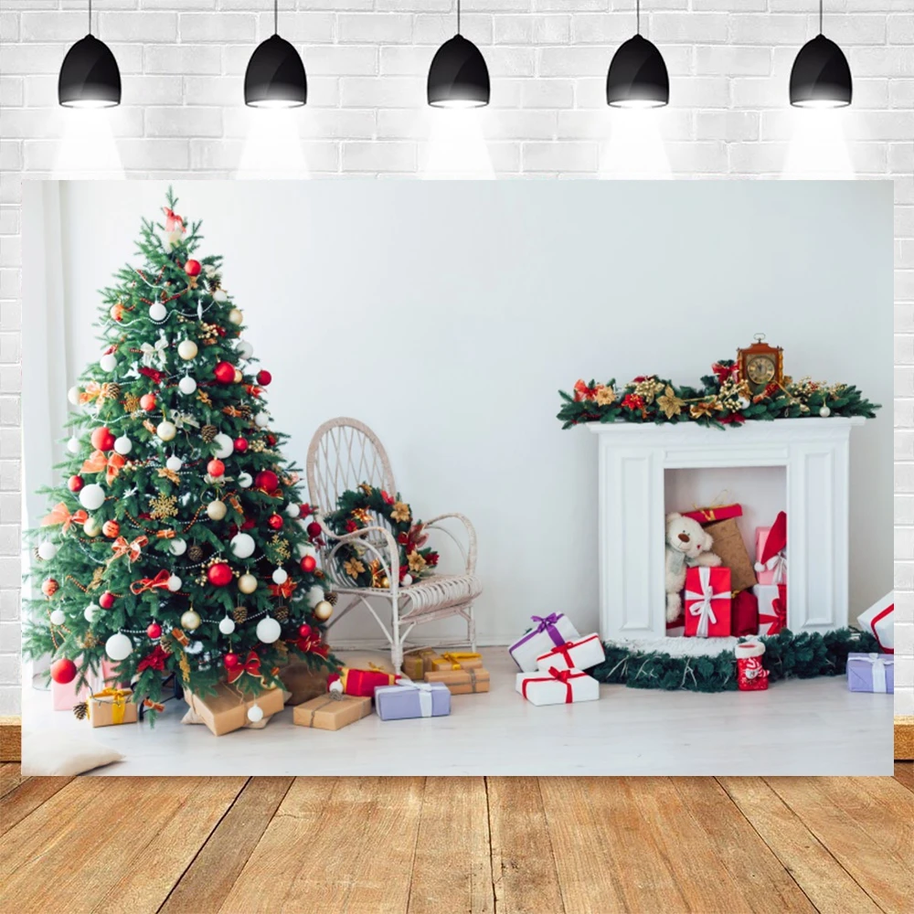 

Yeele Christmas Backdrop Photocall White Fireplace Tree Gift Baby Portrait Background Photography Photo Studio Photographic Prop