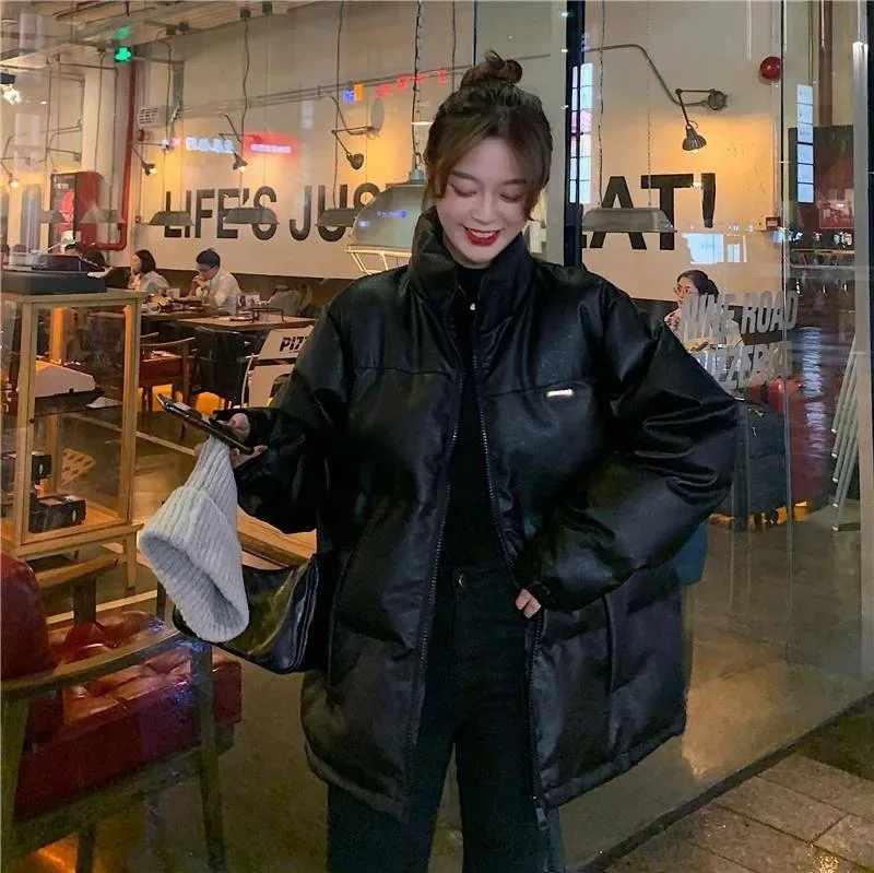 

2020 New Fashionable Winter Outerwear Women Short Cotton Padded Jackets Korean Version Loose Pu Leather Bread Warm Trendy Jacket
