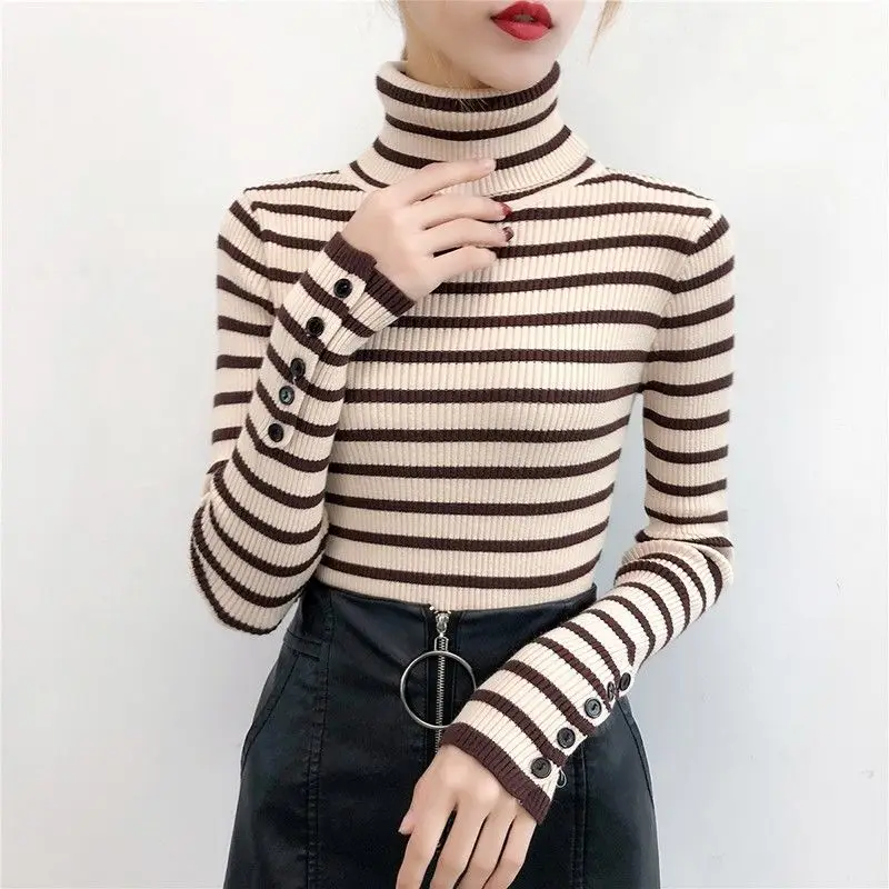 Водолазка джемпер женский 2021 осень зима Повседневный полосатый облегающий