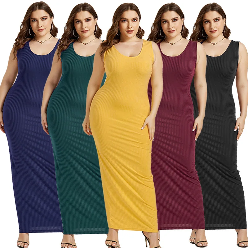

2021 Summer Fashion Plus Size Sleeveless Tunic Long Party Dresses Womens Casual Knitted Clothes Sexy Tank Bodycon Maxi vestidos