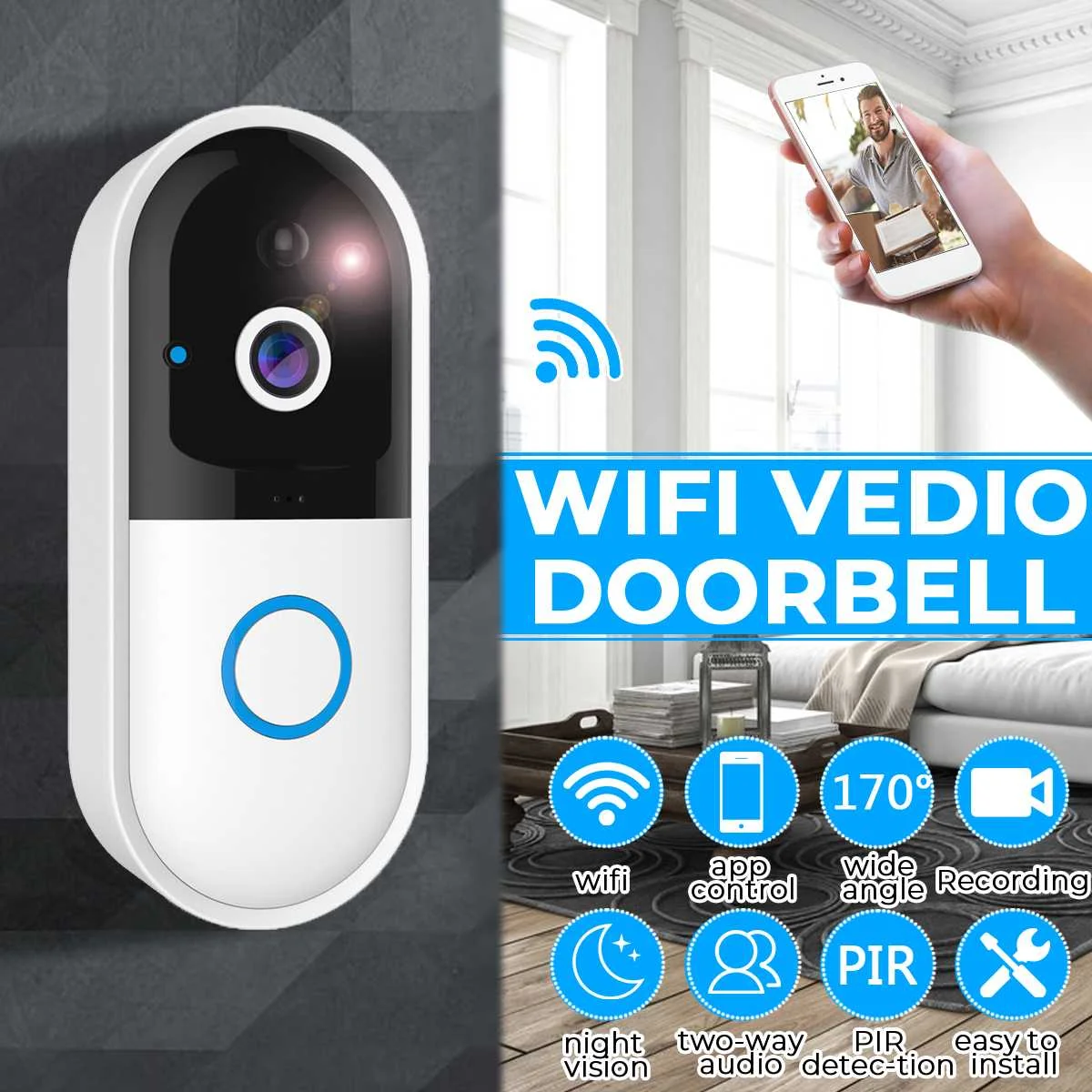 Беспроводная камера Wi-Fi для дверного звонка Smart Video домофонный дверной звонок Видеозвонок для квартиры ИК-сигнализация Беспроводная цветная камера безопасности объектива