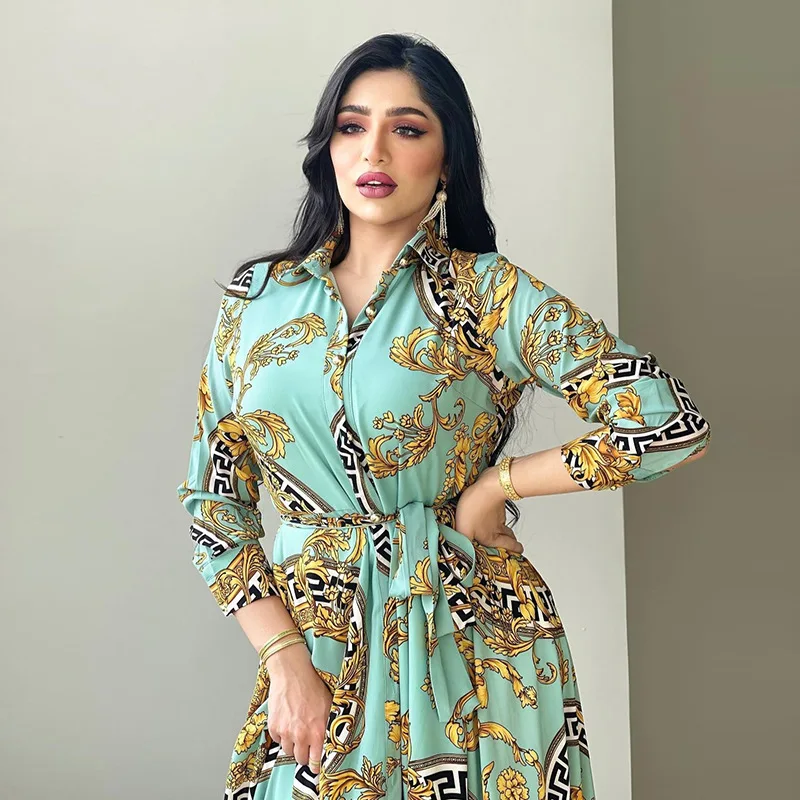 Long Sleeve Print Muslim Dress Women Ethnic Kaftan Collar Shirt Dress Abaya Dubai Caftan Marocain Evening Dresses Djellaba Femme