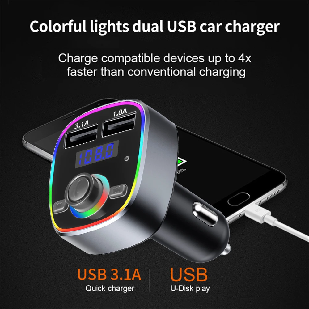 

Car Bluetooth FM Transmitter Handsfree With Atmosphere Light Dual USB Fast Charge TF U Disk Play MP3 Music Player Car Accessorie
