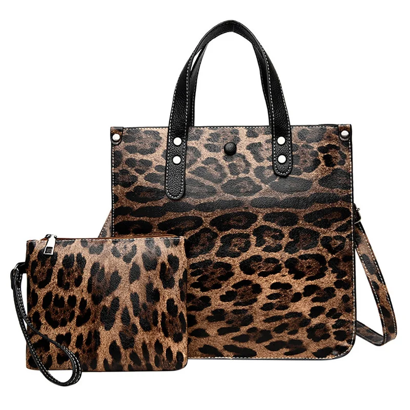 Винтажная женская сумка-тоут, наплечный кошелек с леопардовым принтом, вместительная композитная сумка, Модный комплект дамских сумок