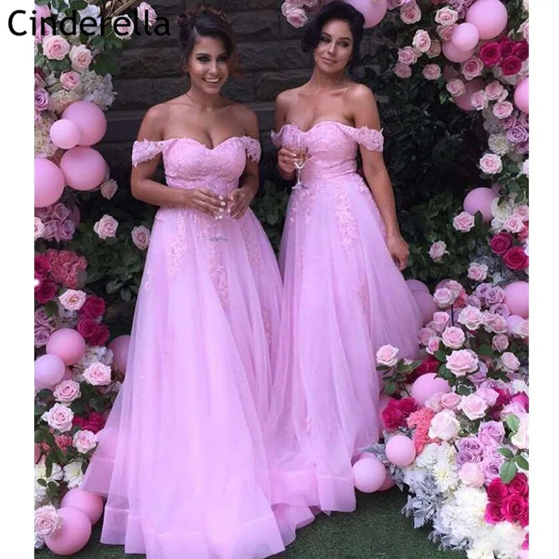 

Розовые платья для подружек невесты с кружевной аппликацией с кристаллами и бисером, длина до пола, шлейф, а-силуэт, кружевные свадебные пла...