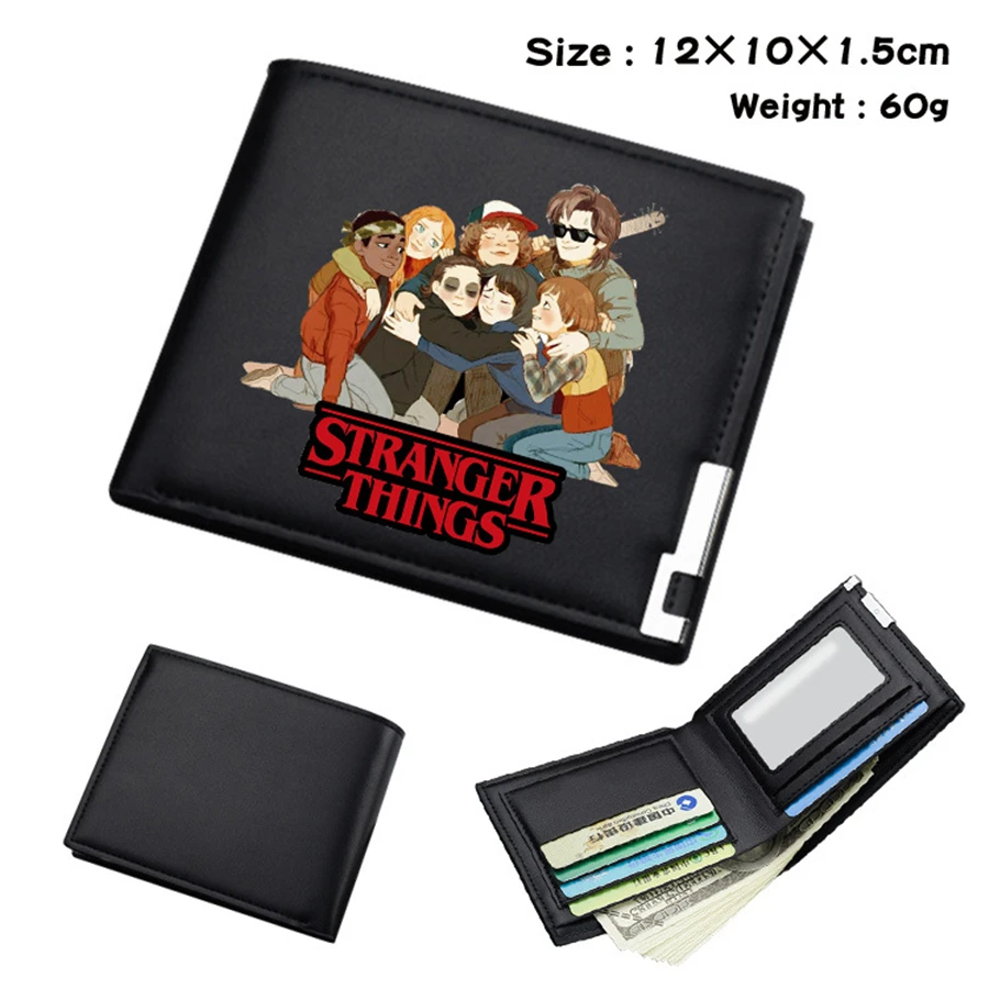 Cute Stranger Things Black PU Wallet Men's Bifold Photo Card Holder Boys Girls Teenager Leather Cosplay Casual Purses Gifts