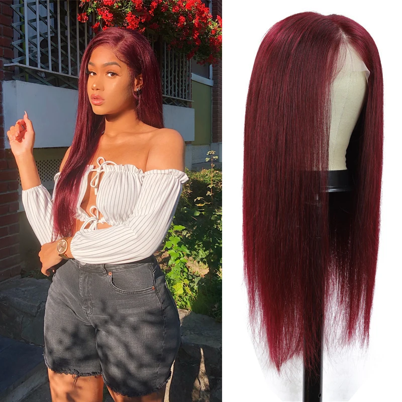 Бразильские прямые парики из человеческих волос 99J бордовые красные