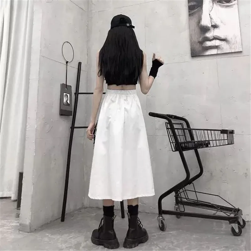

High Waist Loose A-line Cargo Skiets chain Side Ring Pocket Midi Long Black Skirt Korean Hip Hop Streetwear Harajuku OverSize