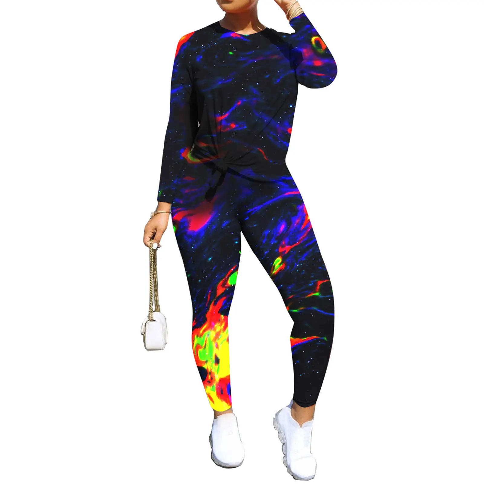 

Высококачественный модный женский костюм с брюками с длинным рукавом, спортивный костюм с круглым воротником, повседневный облегающий кос...