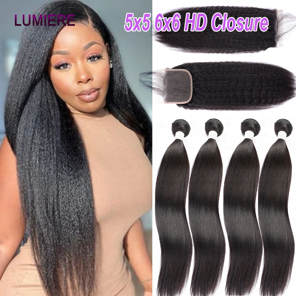 

32 38 40 Inch Yaki Straight Bundles With 5X5 6X6 HD Lace Closure Frontal Kinky Straight Brazilian Hair Weave Bundle With Closure