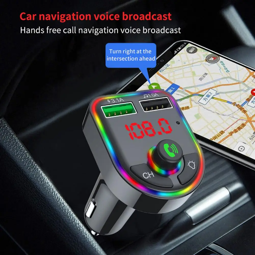 FM Transmitter Wireless Bluetooth 5.0 Handsfree Car MP3 Player Kit Modulator Dual USB 3.1A F6 Charger Colorful LED | Электроника