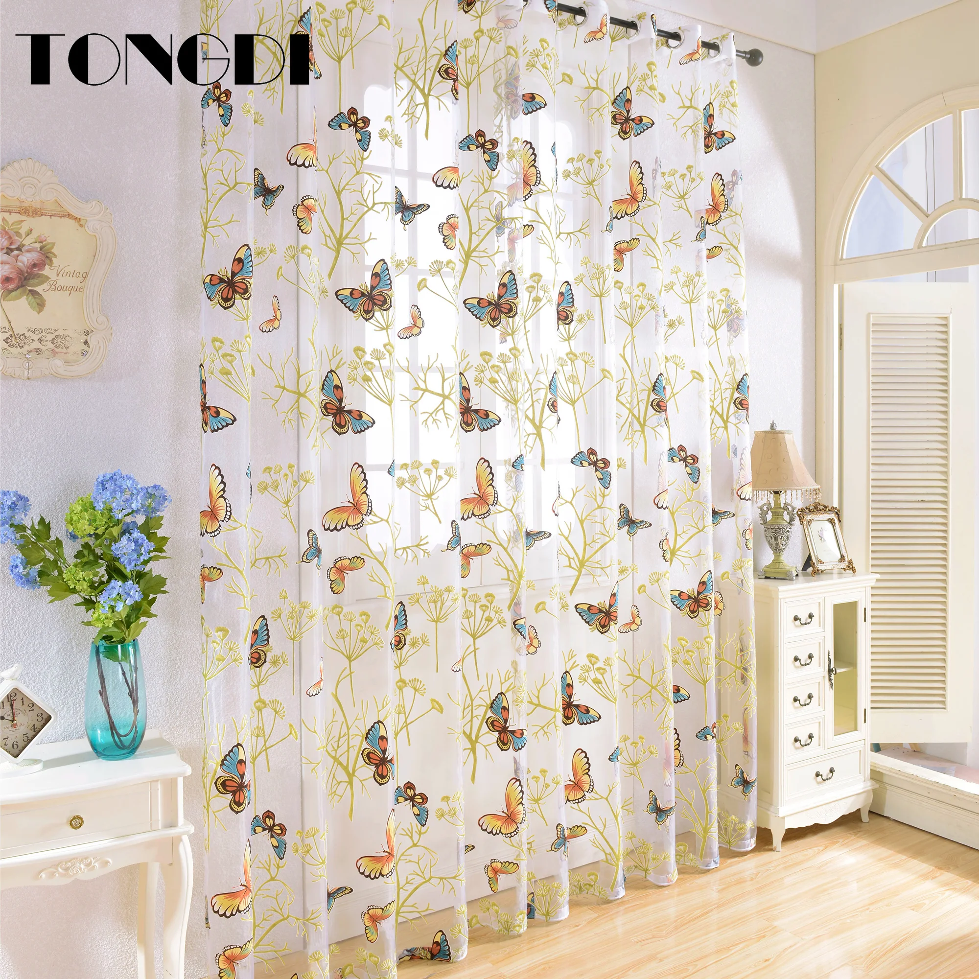 TONGDI занавески с принтом бабочек ивовая прозрачная белая тюль прозрачное окно