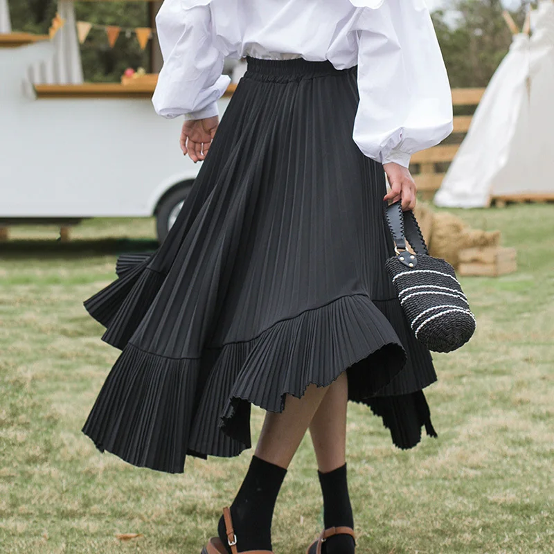 Женская юбка LANMREM черная в полоску эластичная с высокой талией оборками