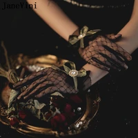 janevini 2021 new fashion black fishnet wedding gloves wrist length transparent bridal gloves finger short wedding accessories