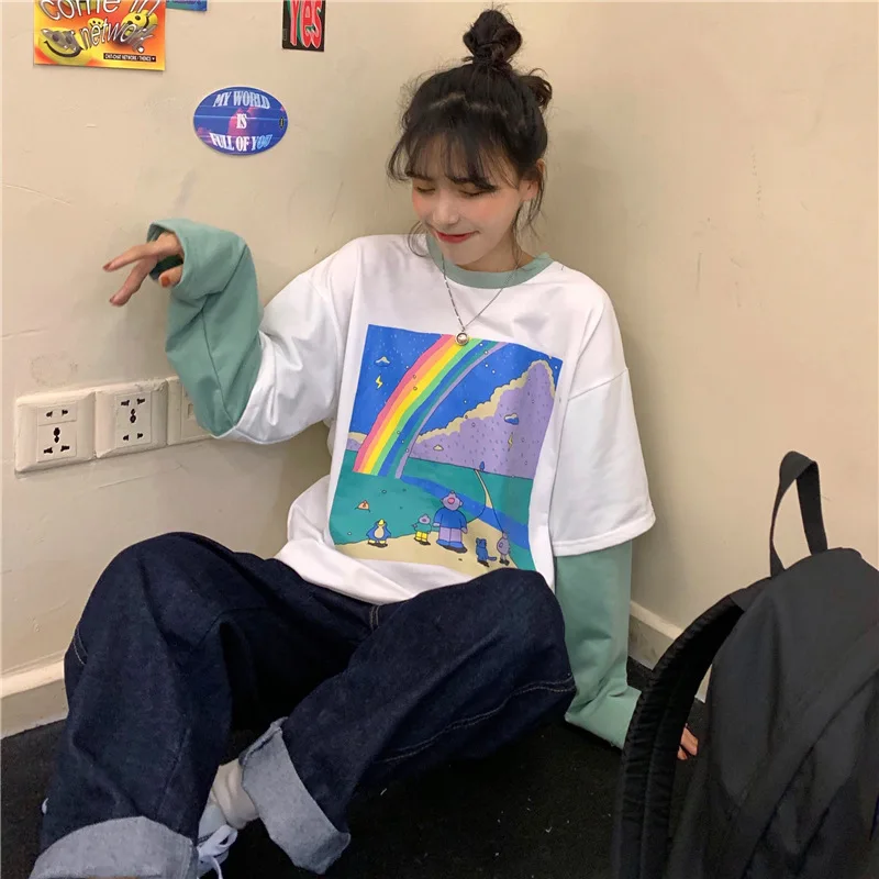 Хлопковая женская одежда 2021 Весенняя Корейская свободная футболка из двух