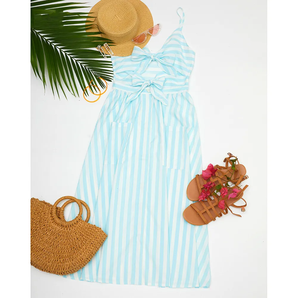 

Spring and Summer New Fresh Sling Deep V Hollow Medium-Length Split Women's Dress