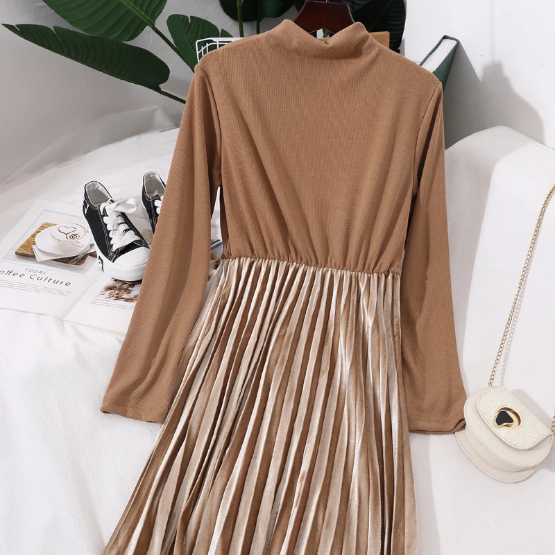 Gagarich Women Dress Two Piece Set Fashion 2019 Autumn Winter Gold Velvet Pleated Waist Belt High Collar Pullovers Female Suit | Женская